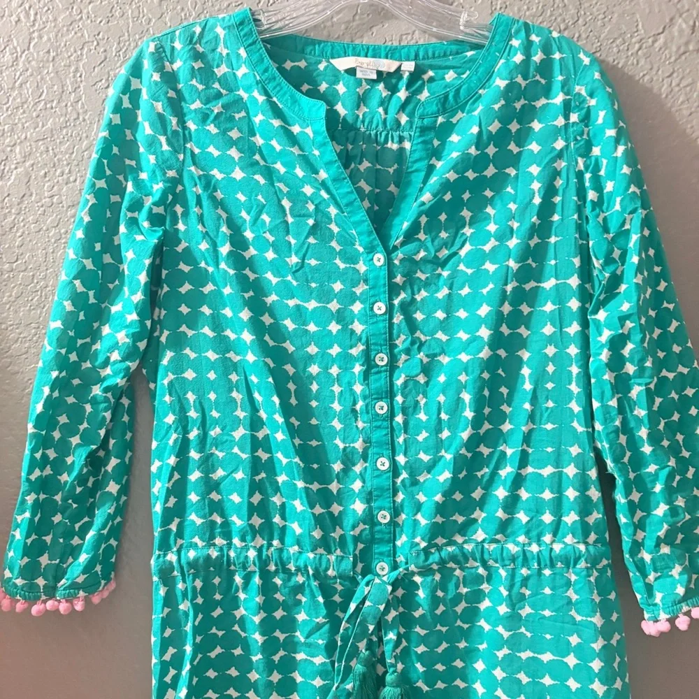 Boden Kelly Green & White Printed Tie-Waist 3/4 Sleeve Dress with Pink Pom Trim - Picture 2 of 13